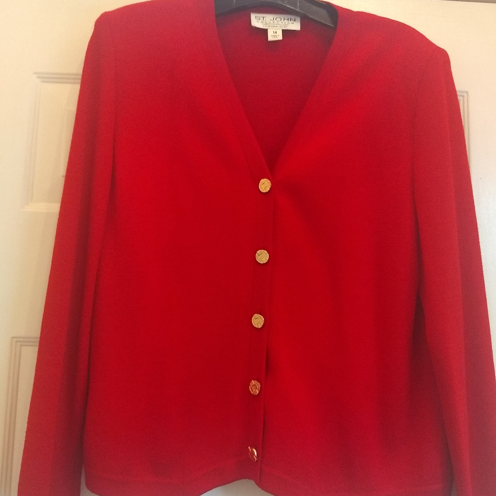 St. John Knit Red Cardigan Size 14